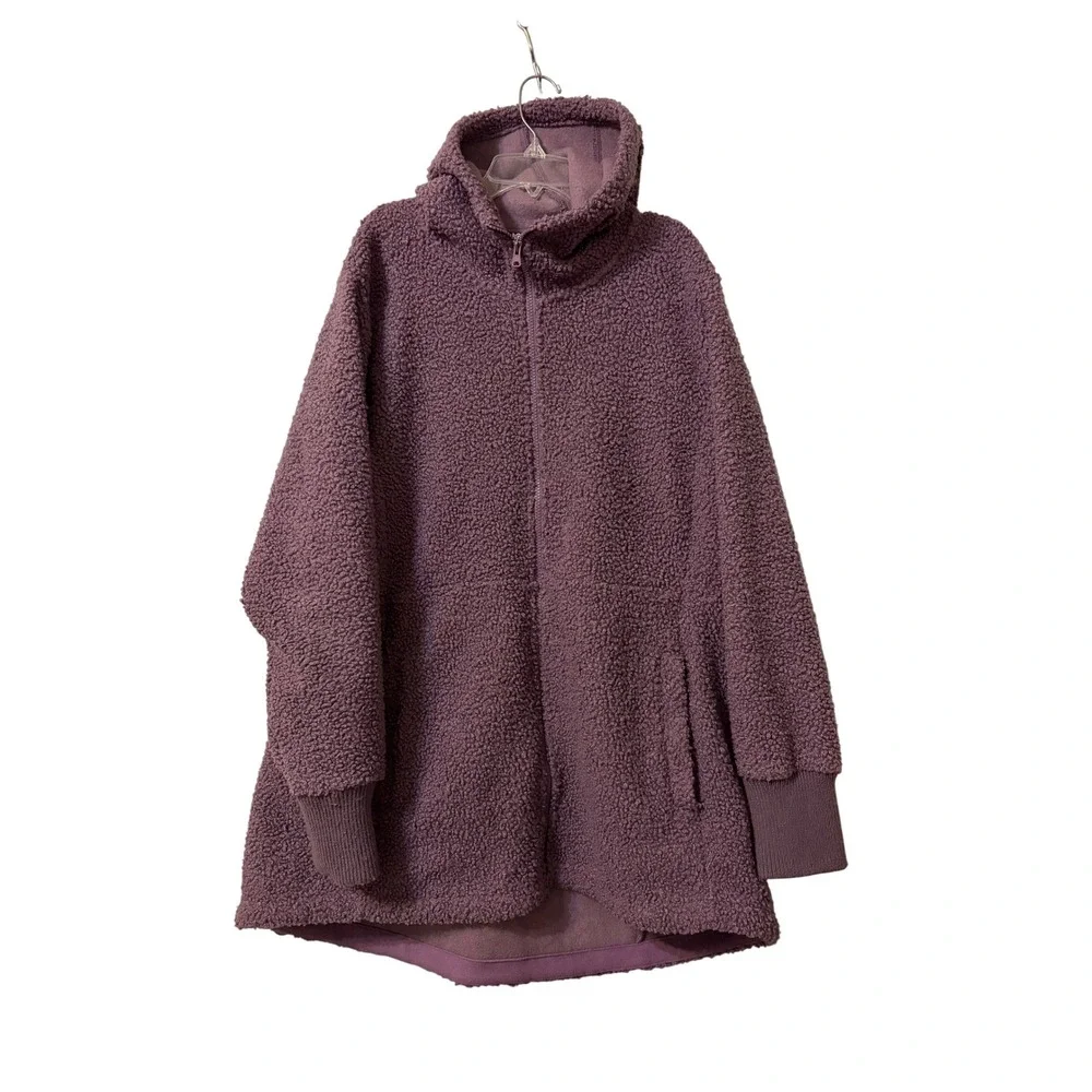 Lands End‎ Womens XL Purple Sherpa Fleece Full Zip Hooded Jacket Tunic Coat
